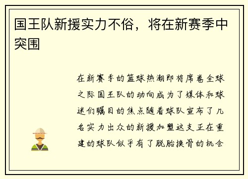 国王队新援实力不俗，将在新赛季中突围